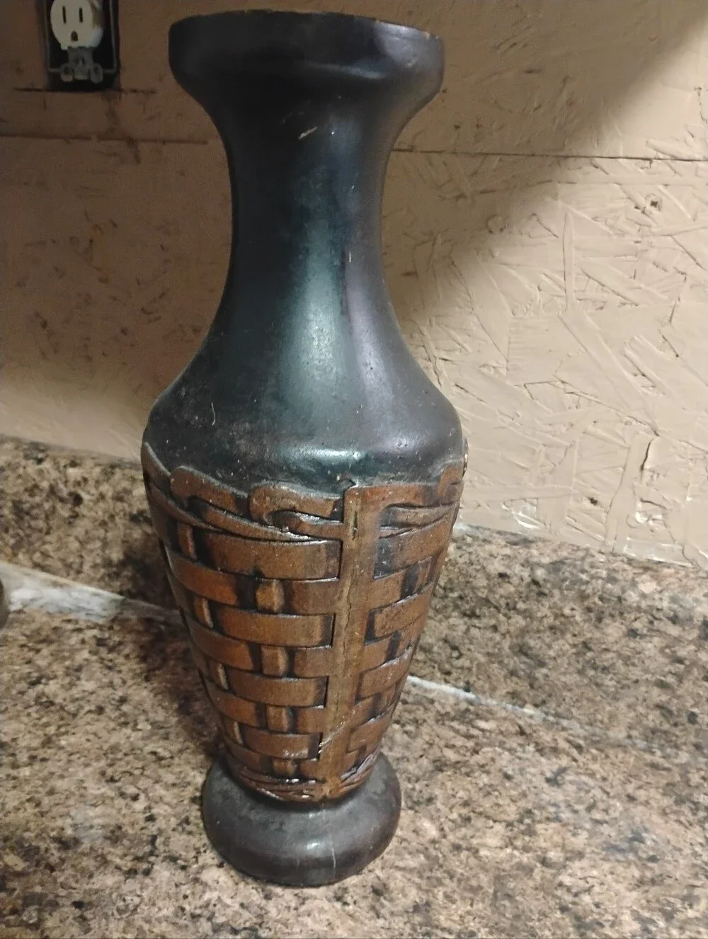 Tall Black and Brown Woven-Pattern Vase